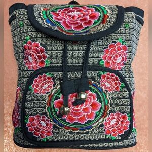 Embroidered Floral Black Backpack with Red Accents